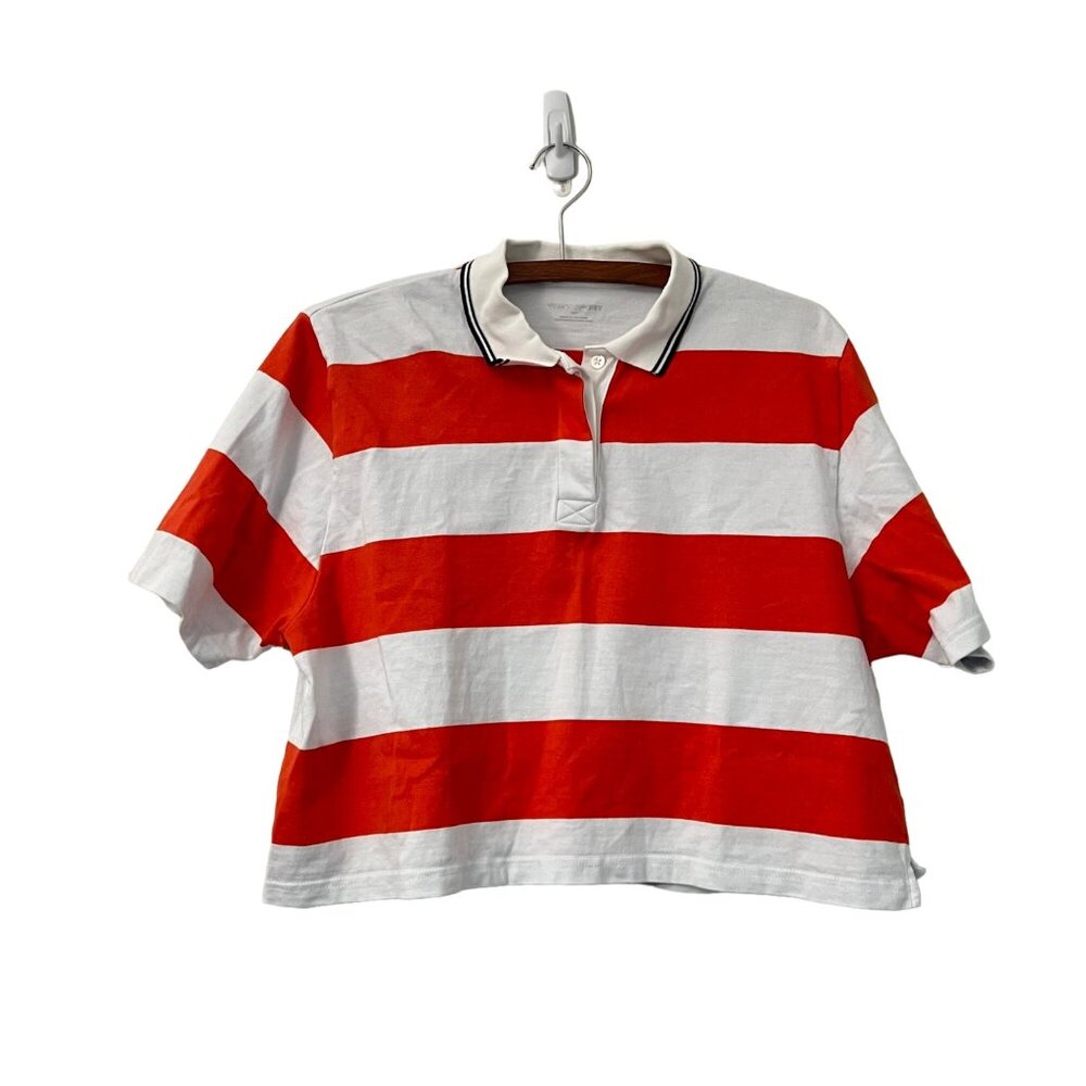Tory Sport Orange White Striped Cropped Short Sleeve Polo Shirt Womens Size S